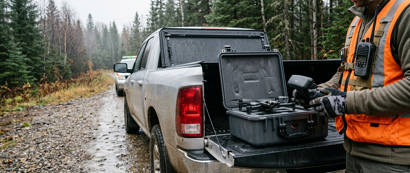 SAR operator at trailhead with Parrot ANAFI USA in open Pelican case on pickup tailgate, boreal forest