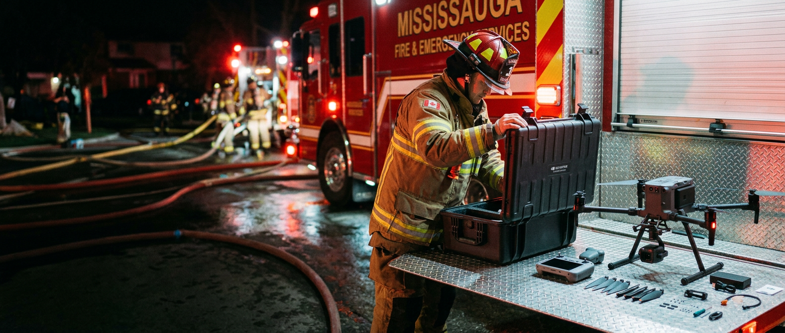 Firefighter with controller next to a DJI Matrice 4T staged on a Pelican case on the hood of a Canadian fire engine