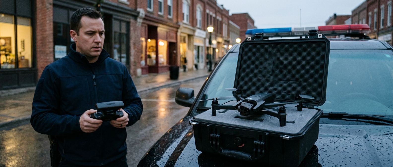 Tactical operator with controller next to a Parrot ANAFI USA in an open Pelican case on the hood of an unmarked patrol SUV, wet Canadian downtown street at dusk