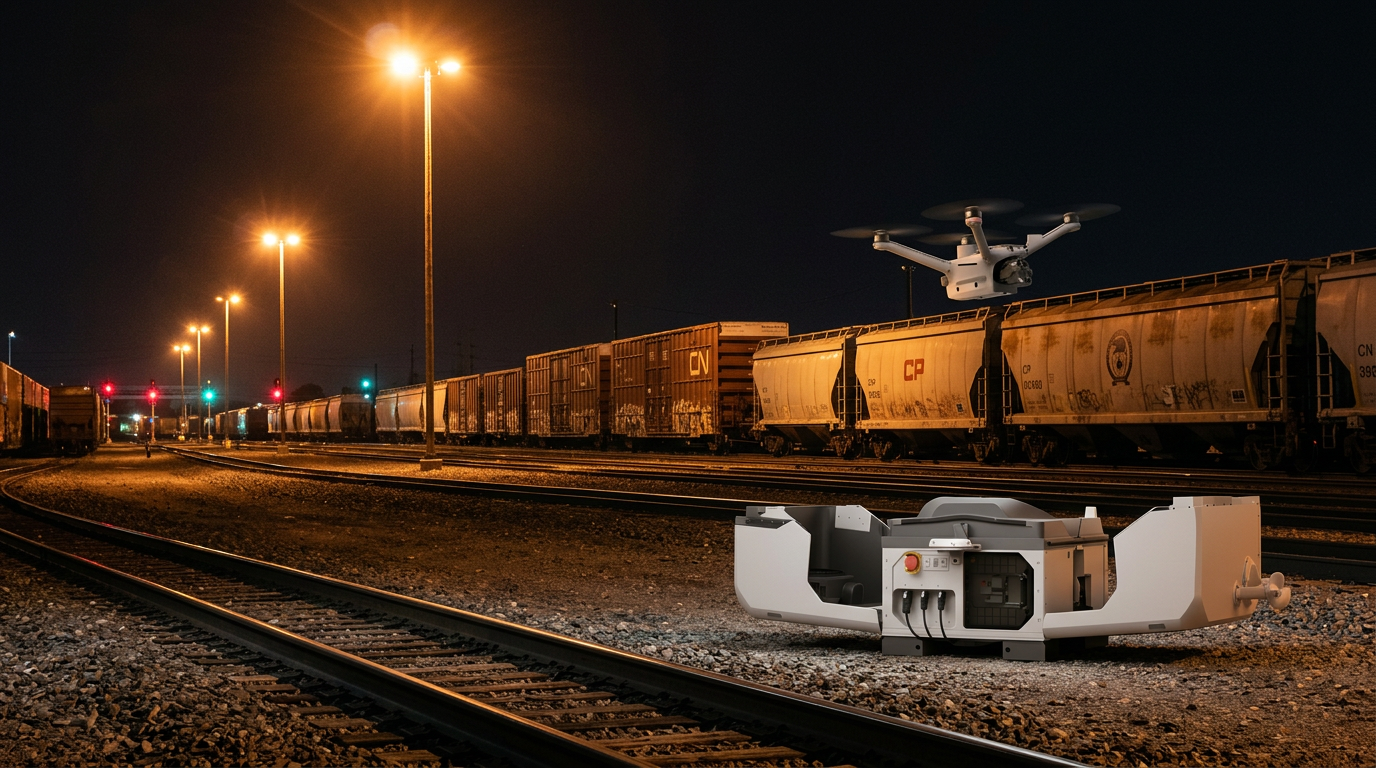 DJI Dock 3 on a Canadian industrial yard at night with a security operator monitoring perimeter patrol on a rugged tablet