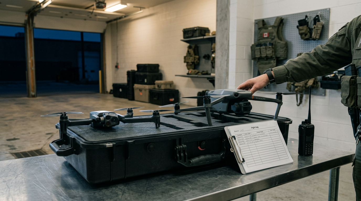 Parrot ANAFI USA staged on a Pelican case in a Canadian municipal tactical staging garage with a sworn operator and flight log clipboard