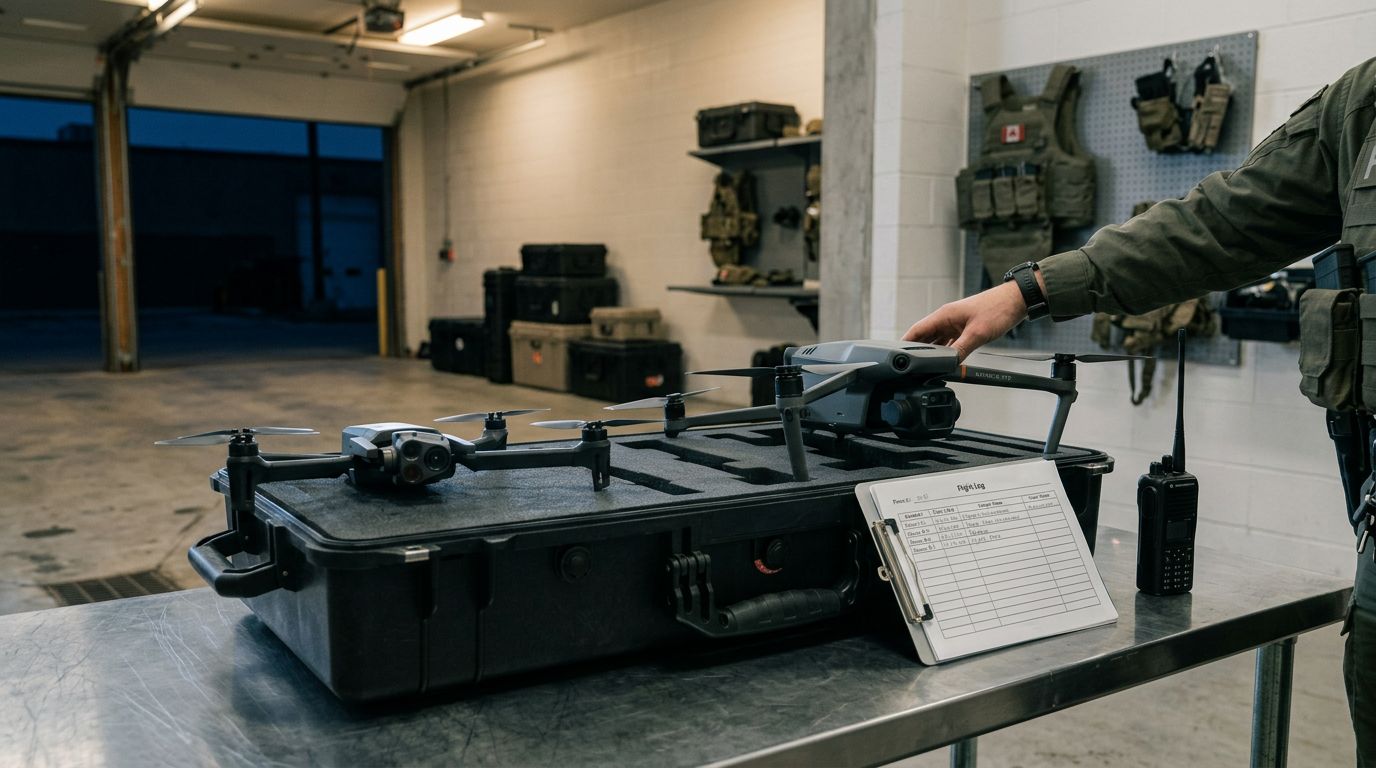 Parrot ANAFI USA staged on a Pelican case in a Canadian municipal tactical staging garage with a sworn operator and flight log clipboard