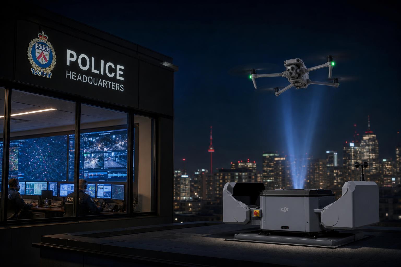 DJI Dock 3 and DJI Matrice 4TD supporting a Canadian police DFR operations center at night
