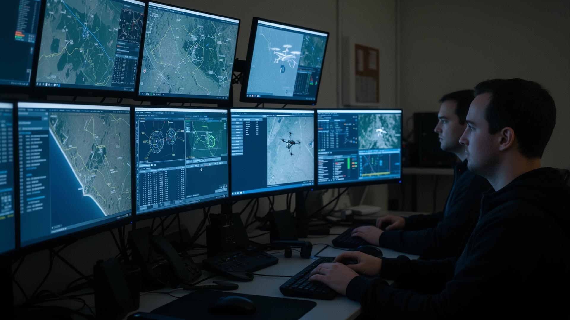 Remote Operations Center operators monitoring drone telemetry on multi-screen workstations