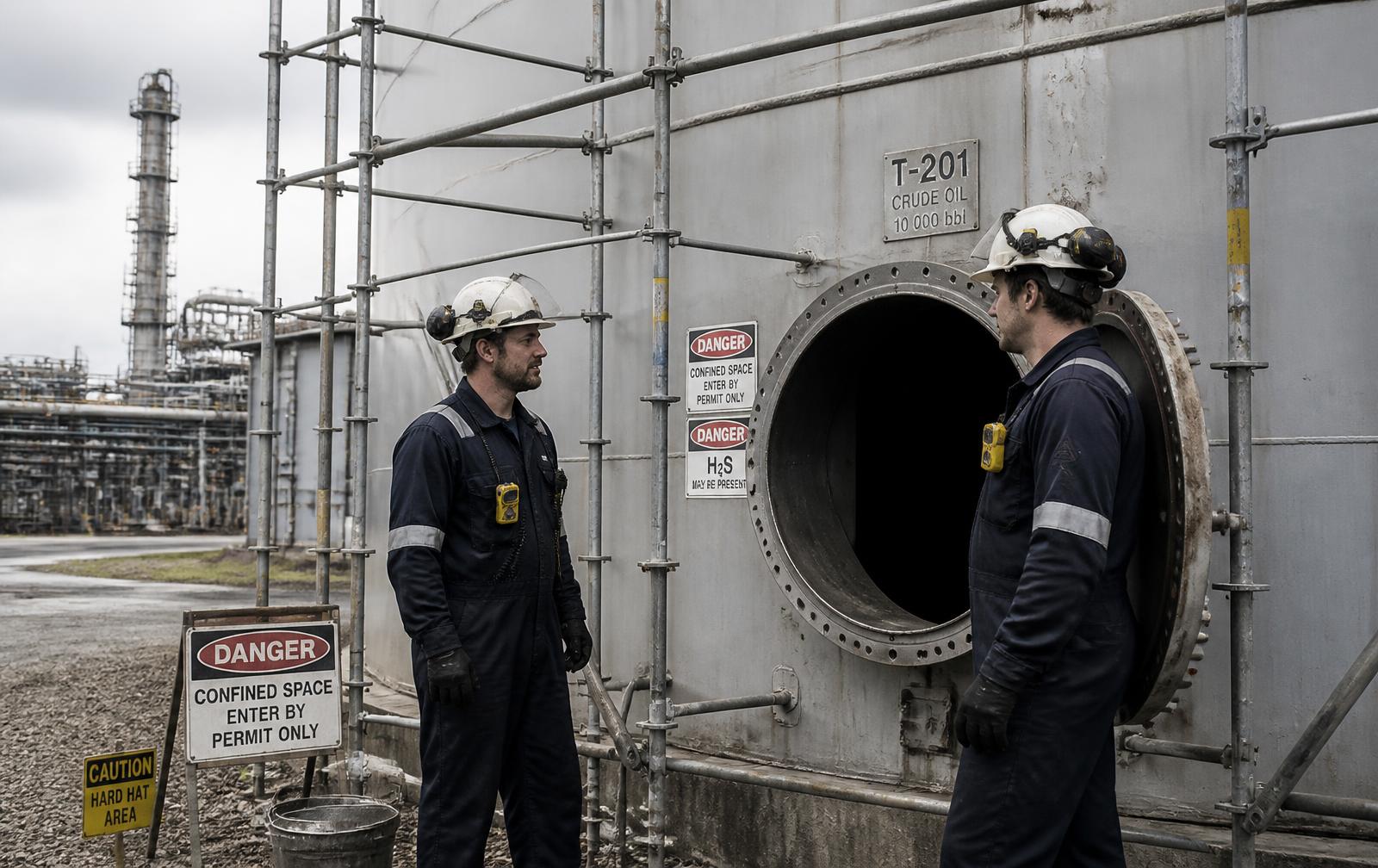Two workers in hard hats standing outside the open manway of a refinery storage tank marked confined space, entry by permit only