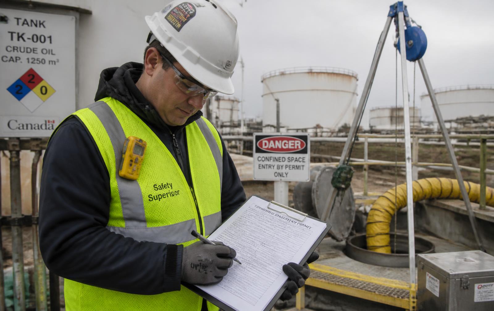 Safety supervisor completing a confined space entry permit beside a tank farm with a rescue tripod and ventilation duct