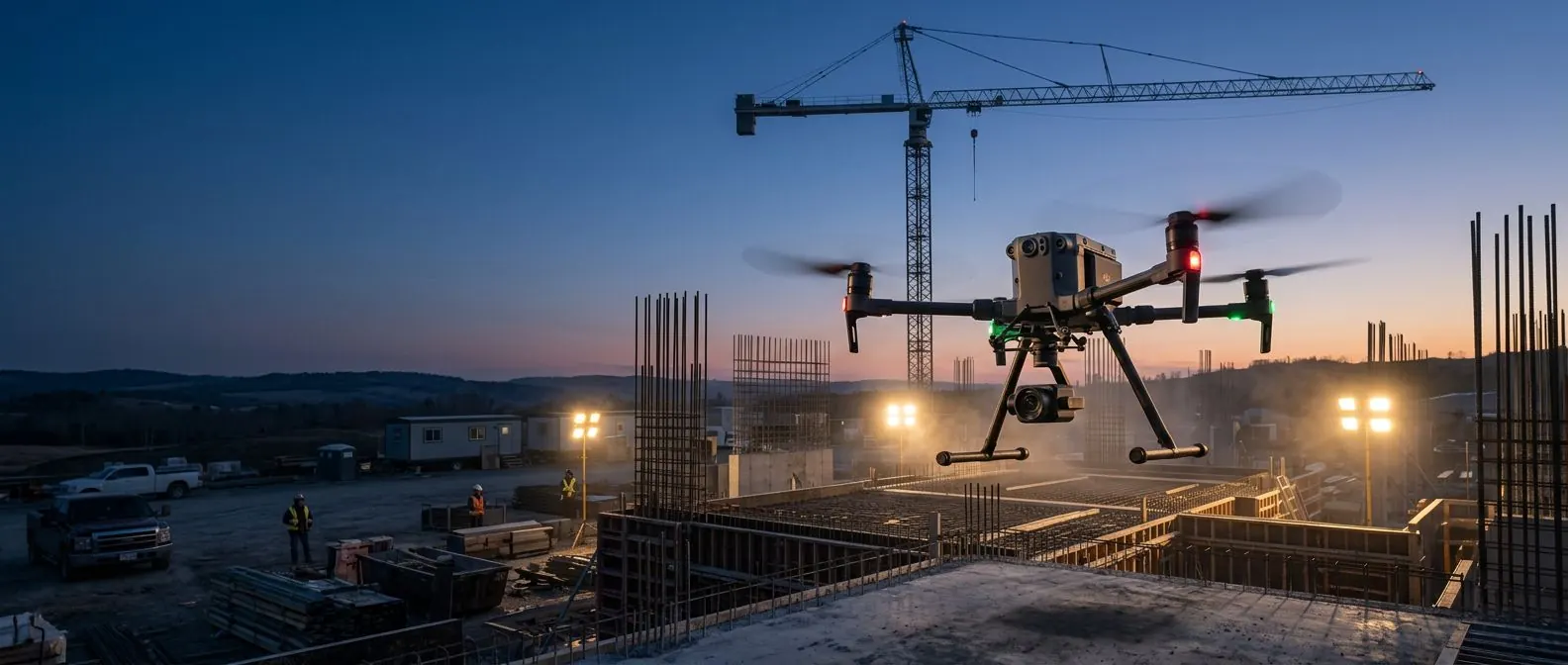 Drone capturing aerial imagery of an active construction site