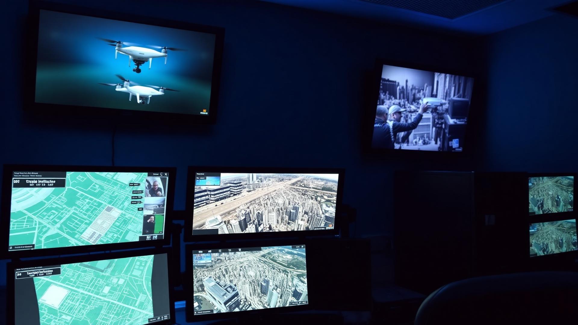 Public safety tactical operations center with multiple monitors showing live drone feeds and a map overlay — the kind of on-premises environment DJI FlightHub 2 On-Premises is built for.