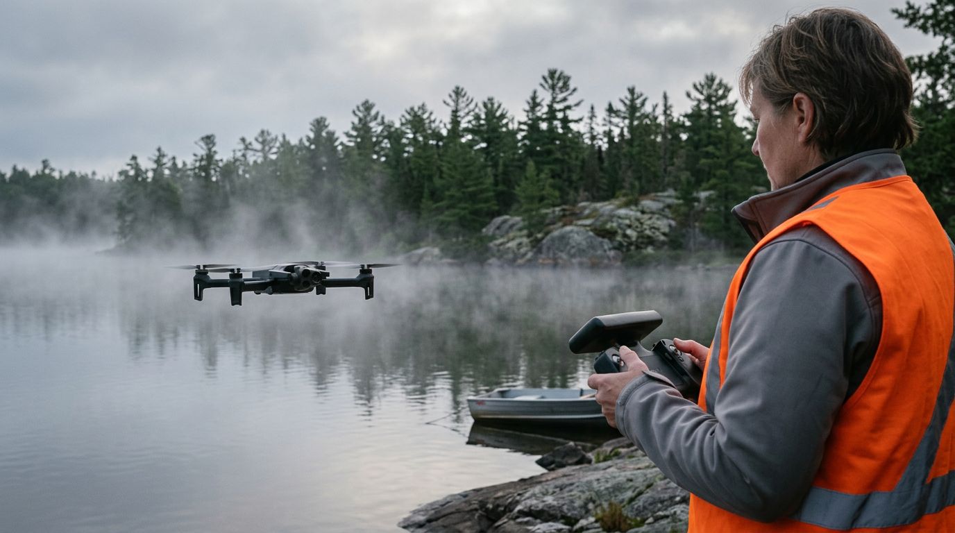 Parrot ANAFI USA flown by a Canadian SAR operator over a fogged Ontario lake at dawn