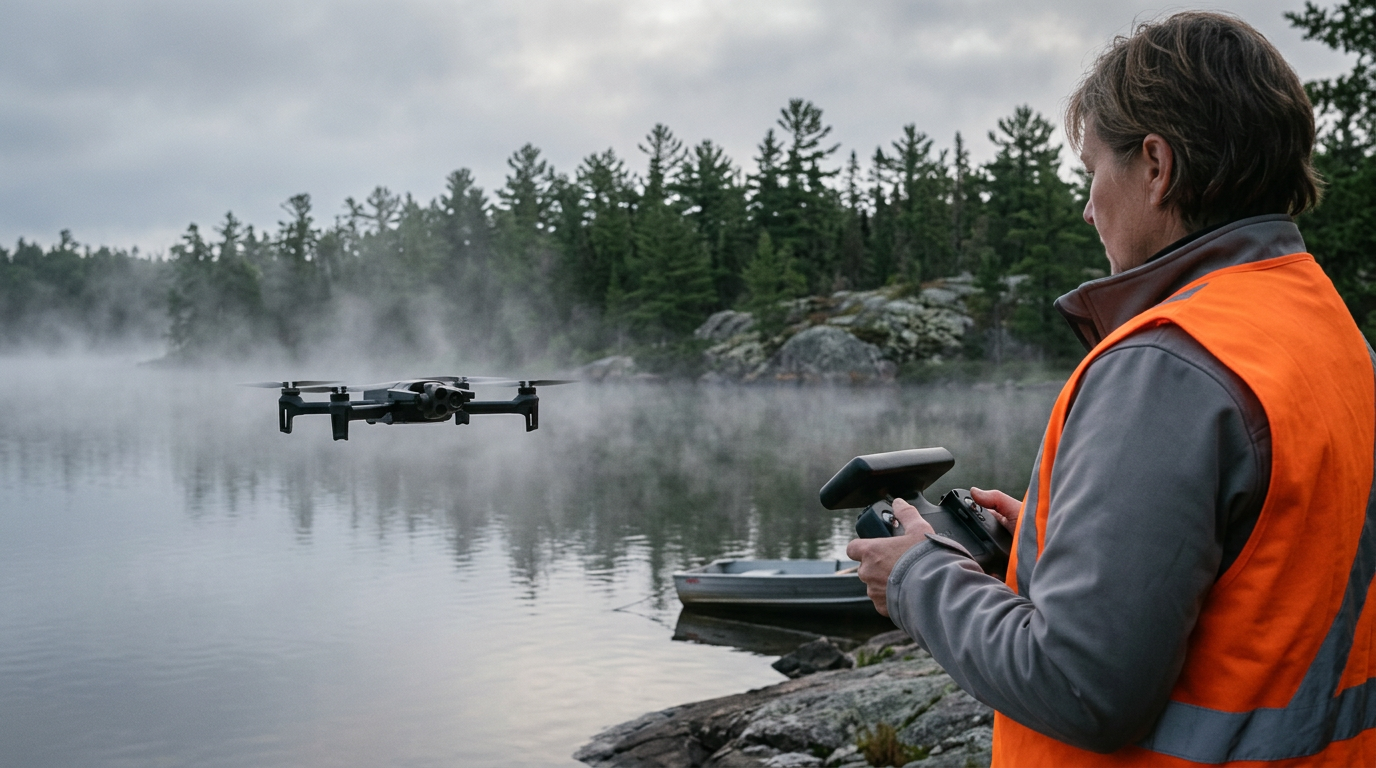 Parrot ANAFI USA flown by a Canadian SAR operator over a fogged Ontario lake at dawn