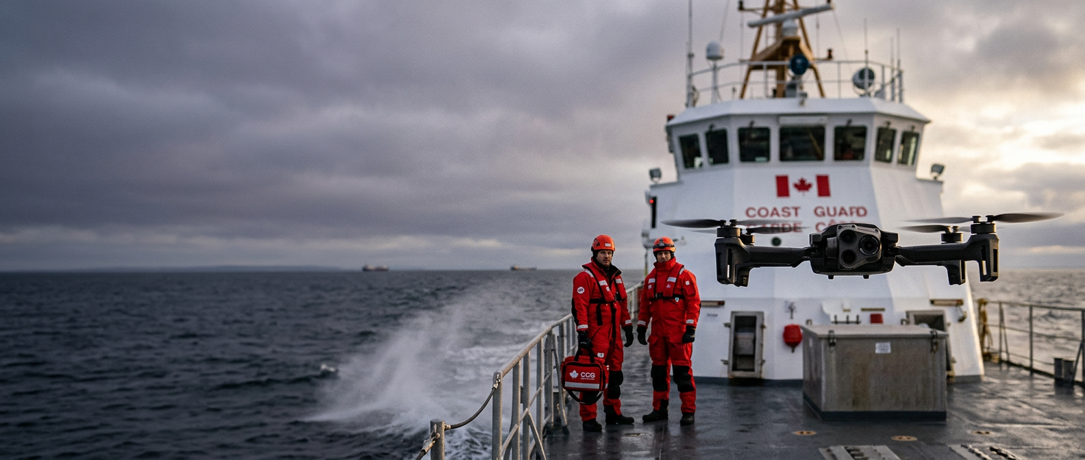 Parrot ANAFI USA hovering off the stern of a Canadian Coast Guard-style red-and-white patrol vessel on calm coastal water at overcast dawn