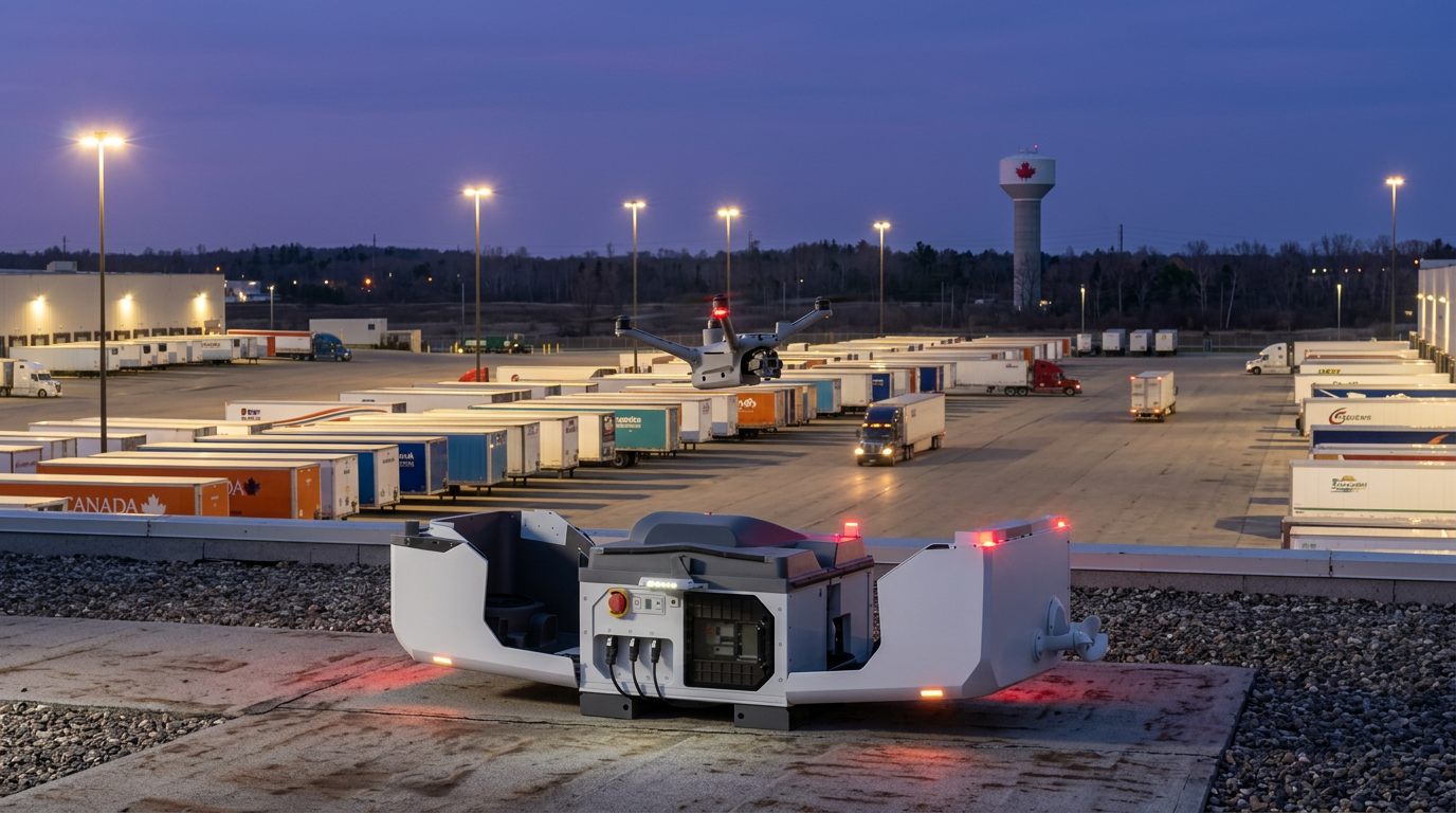 DJI Dock 3 on a Canadian logistics rooftop with the correct DJI Matrice 4TD lifting off for perimeter patrol