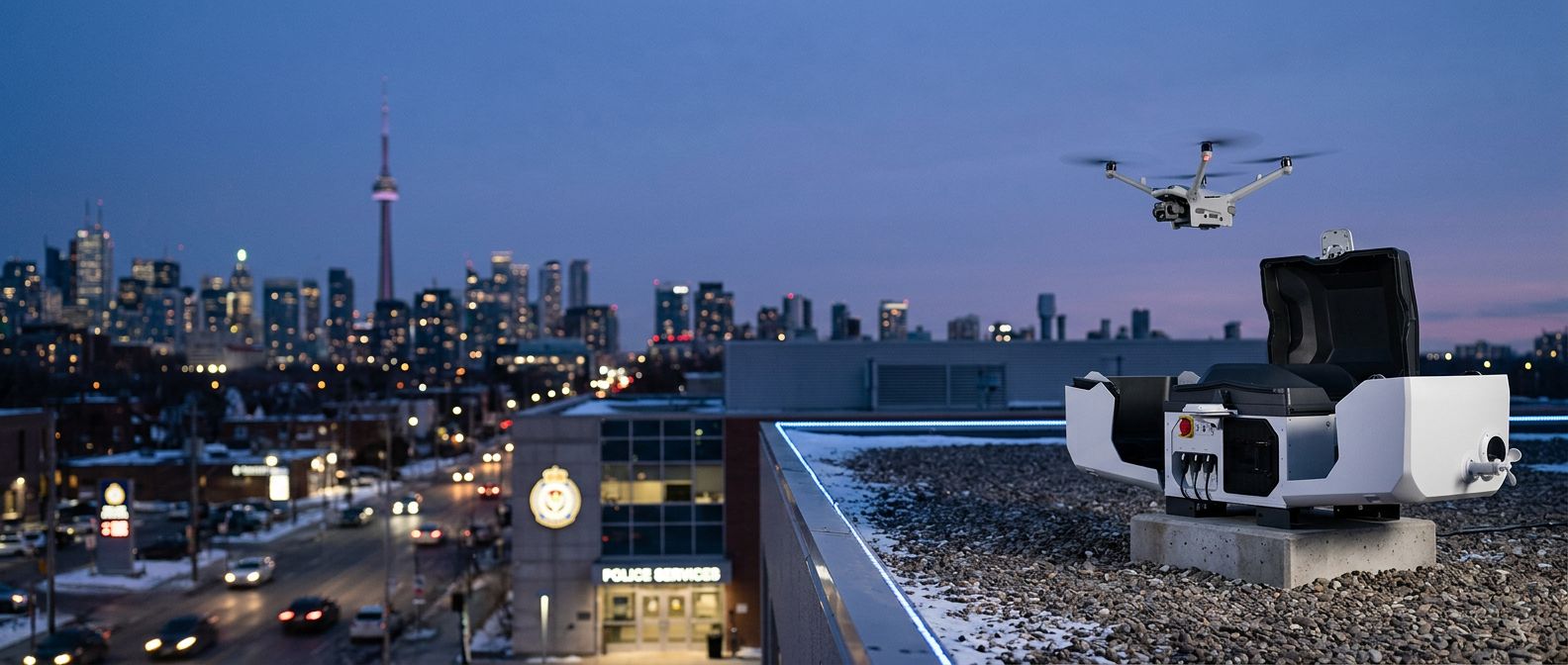 DJI Dock 3 on a Canadian police headquarters rooftop at dusk with the correct DJI Matrice 4TD launching from the open dock