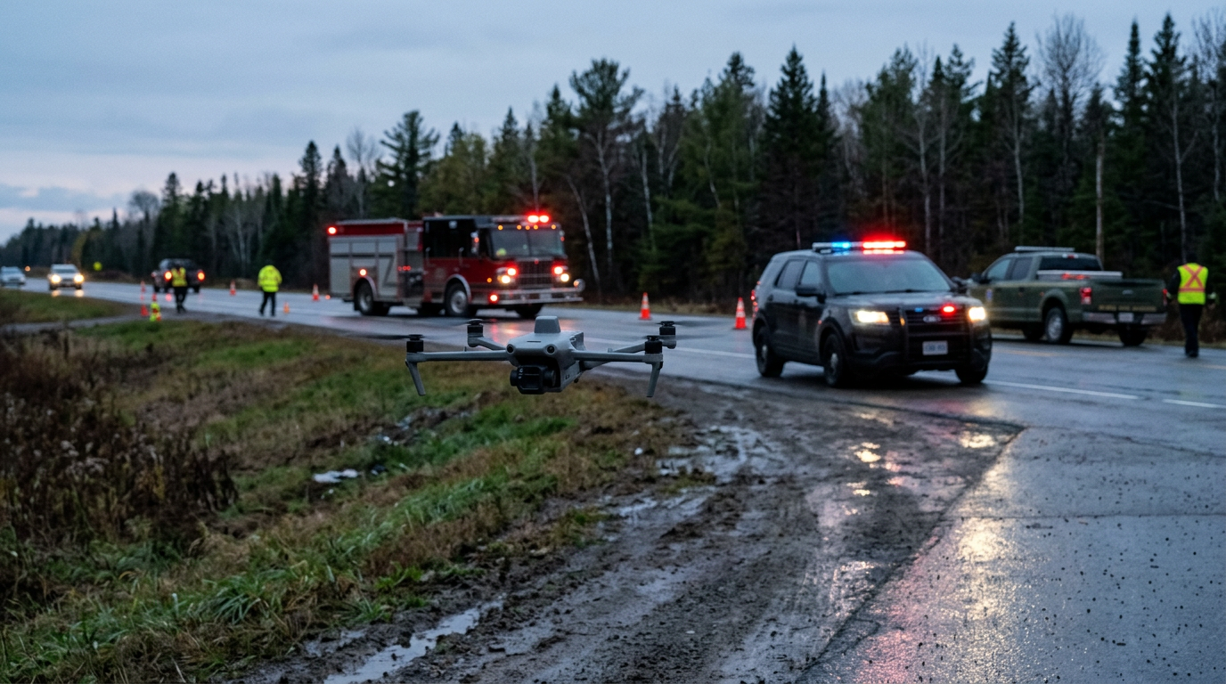 DJI Matrice 4TD in low-altitude overwatch at a multi-agency Canadian highway incident at dusk with a fire engine, patrol SUV, and SAR pickup