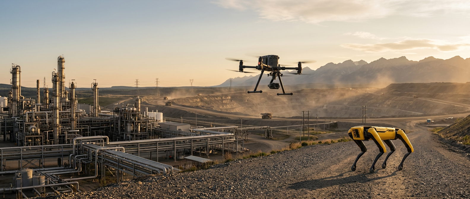 Boston Dynamics Spot and inspection drone at an industrial site