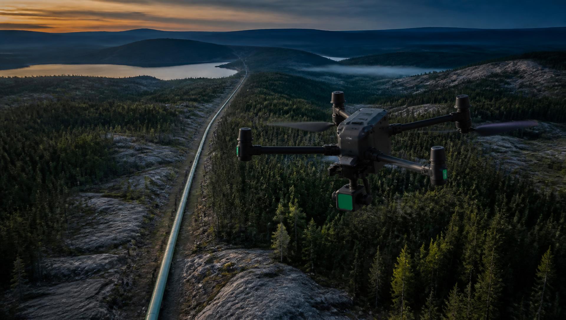 DJI Matrice 400 with Zenmuse L3 LiDAR payload flying over a Canadian pipeline corridor at dusk.