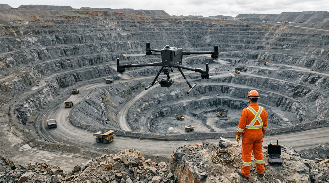 DJI Matrice 400 heavy-lift enterprise drone flying over the terraced high wall of a Canadian open-pit mine at golden hour.