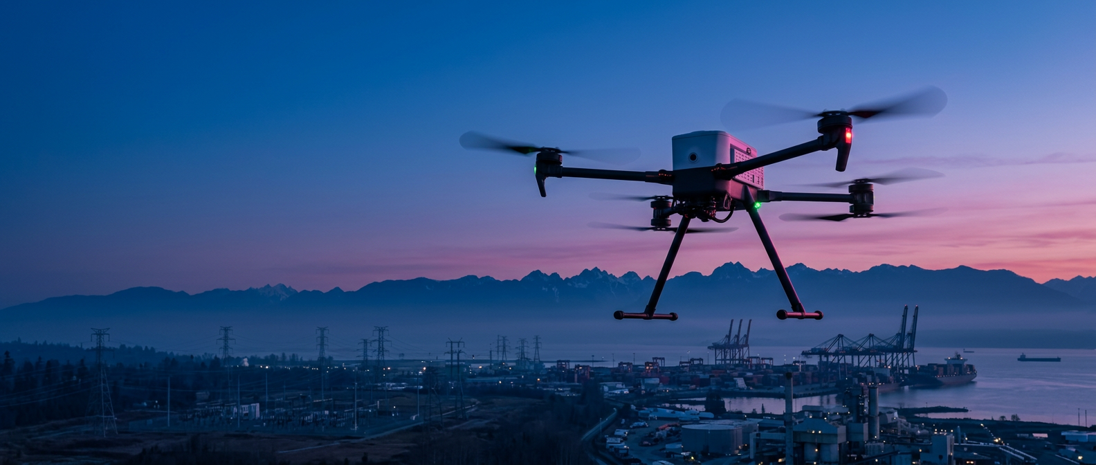 NDAA-compliant Blue UAS drone over a Canadian coastal critical-infrastructure site at dusk