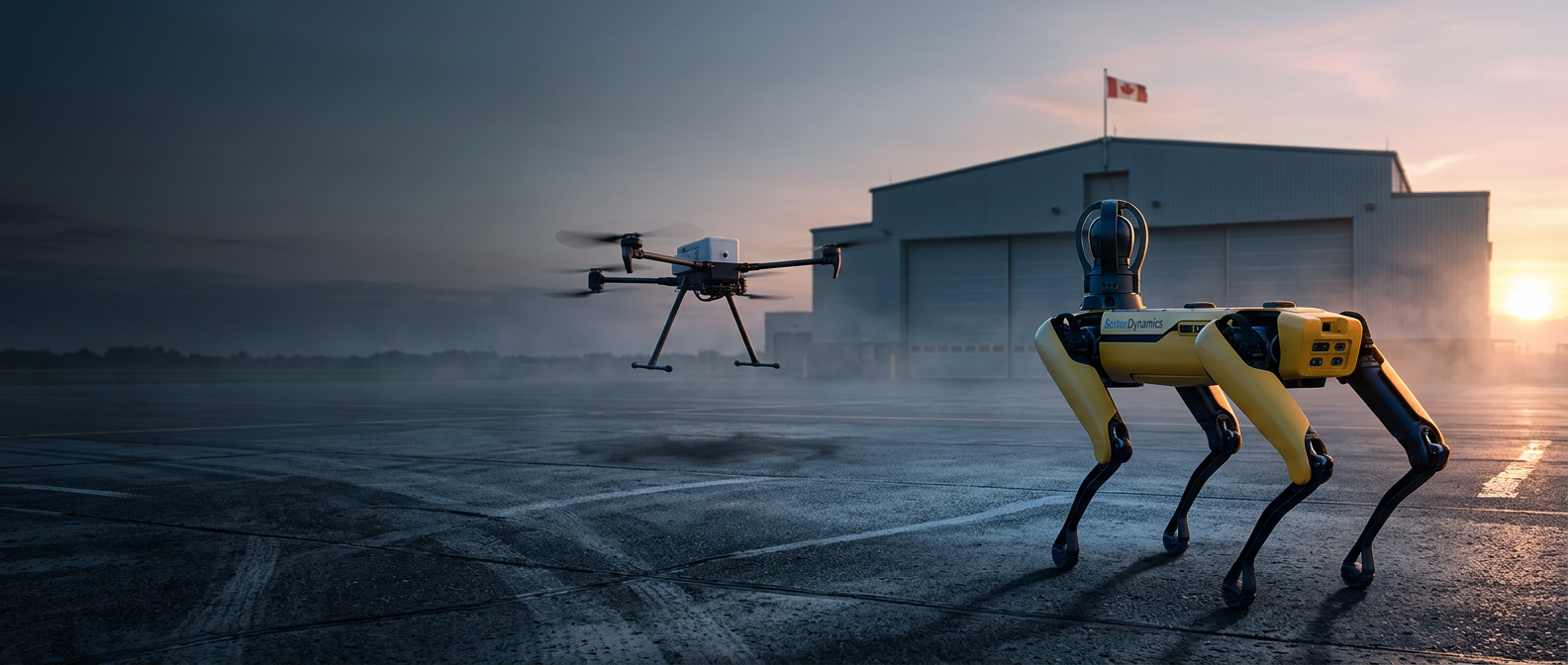 NDAA-compliant Blue UAS drone and Boston Dynamics Spot on a Canadian airfield apron at dawn