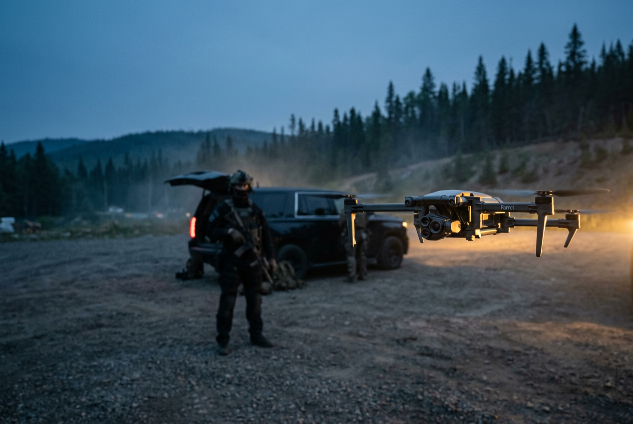 Parrot ANAFI UKR NDAA-compliant tactical micro-UAV deployed by a Canadian operator at dusk staging area