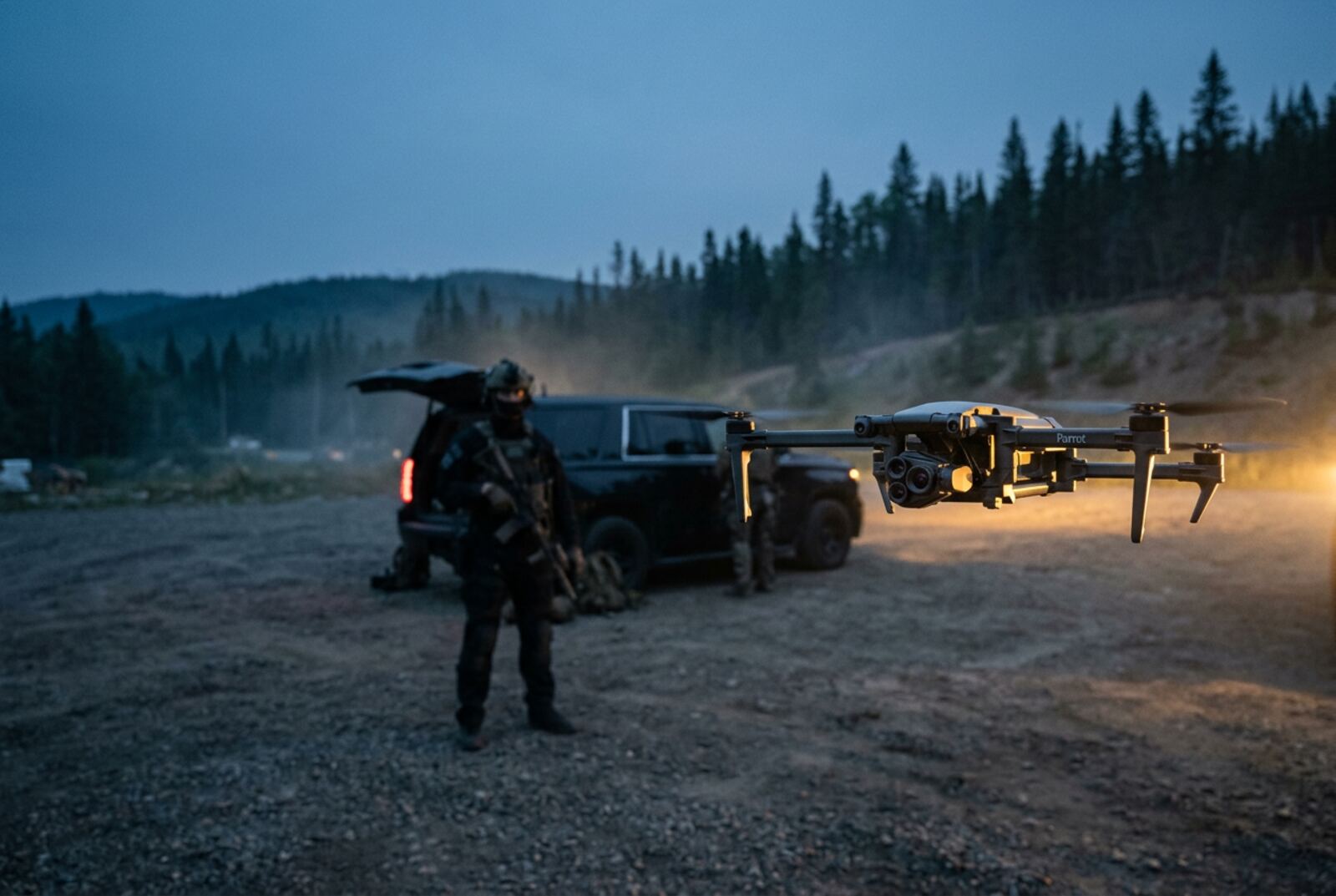 Parrot ANAFI UKR NDAA-compliant tactical micro-UAV deployed by a Canadian operator at dusk staging area