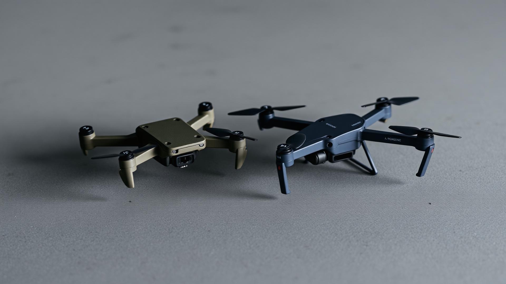 Teledyne FLIR Teal 2 and Parrot ANAFI USA NDAA-compliant tactical quadcopters side by side on a concrete surface.