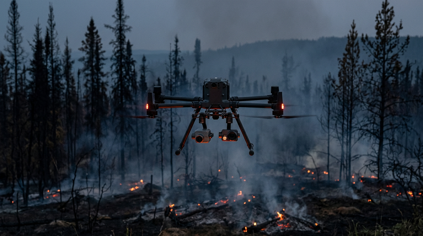 DJI Matrice 4T thermal drone hovering over a Canadian wildland fire perimeter at dusk.