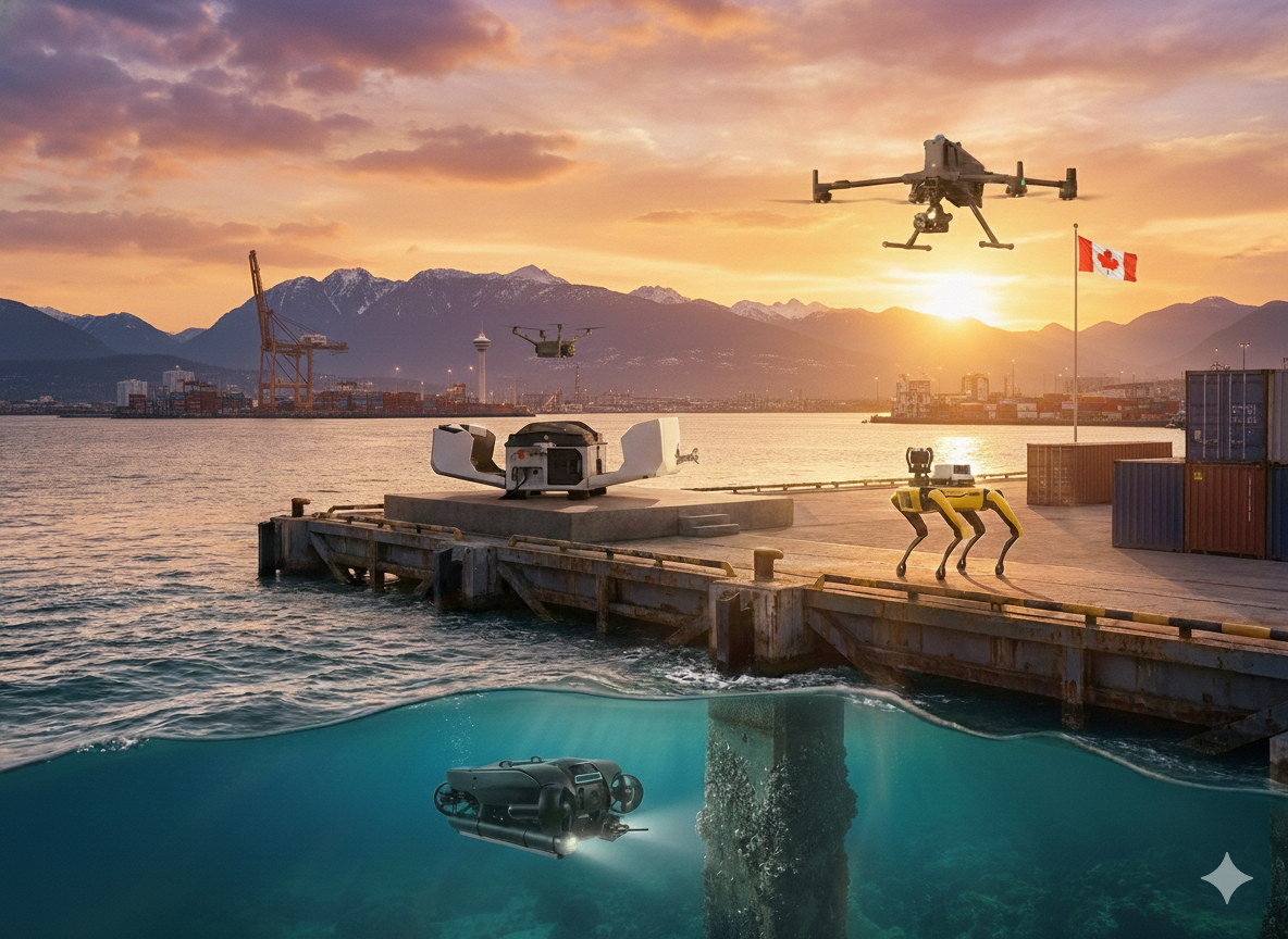 Dock scene with robots, a drone, and a sunset over water and mountains.